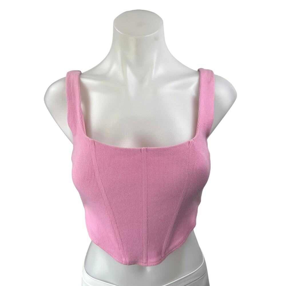 Princess Polly Kaeshia Pink Rib Knit Sleeveless Back Zip Corset Crop Tank Top 6